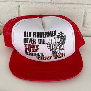 Red and White Fishermen Trucker Hat - Humorous Graphic Cap 1983